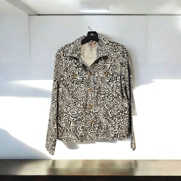 Chicos Classic Cheetah Peplum Button  Jacket Heatherstone Taupe Sz 1 S - Picture 1 of 10